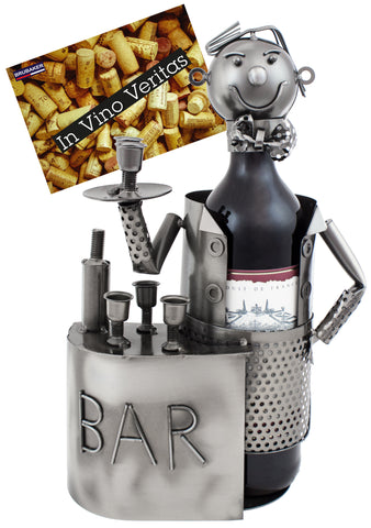 BRUBAKER Wine Bottle Holder "Barkeeper" - Metal Sculpture - Wine Rack Decor - Tabletop - With Greeting Card