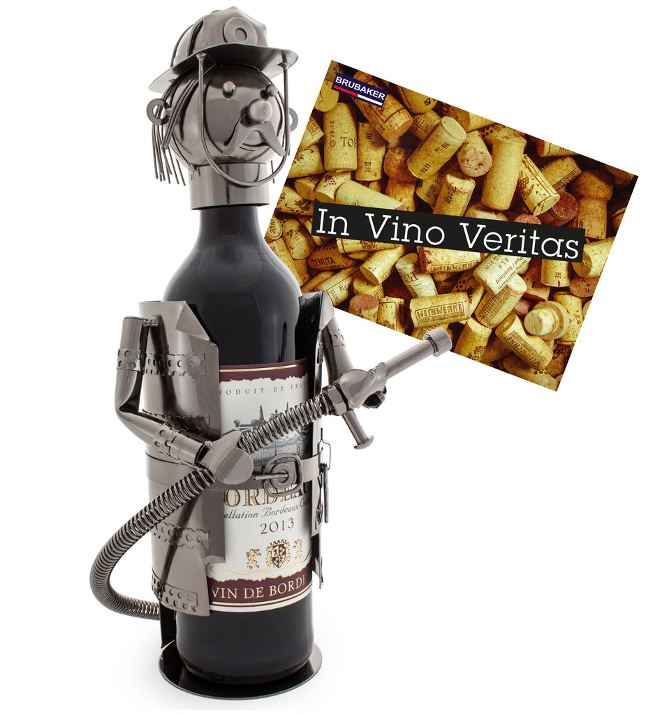BRUBAKER Wine Bottle Holder "Fire Man" - Metal Sculpture - Wine Rack Decor - Tabletop - With Greeting Card