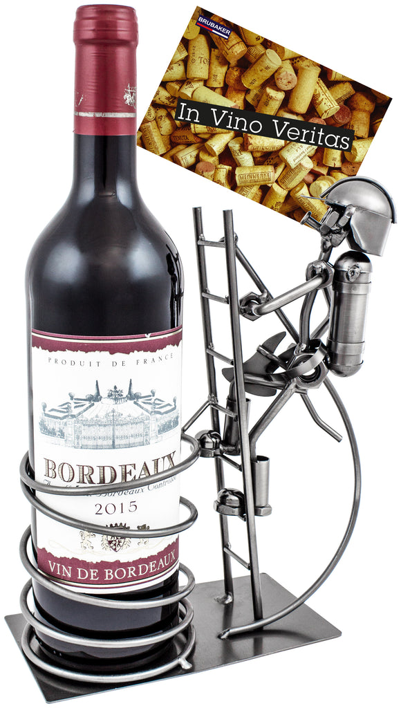 BRUBAKER Wine Bottle Holder "Firefighter" - Metal Sculpture - Wine Rack Decor - Tabletop - With Greeting Card