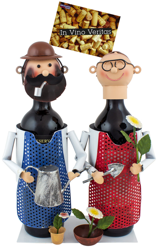 BRUBAKER Wine Bottle Holder "Gardener Couple" - Metal Sculpture - Wine Rack Decor - Tabletop - With Greeting Card