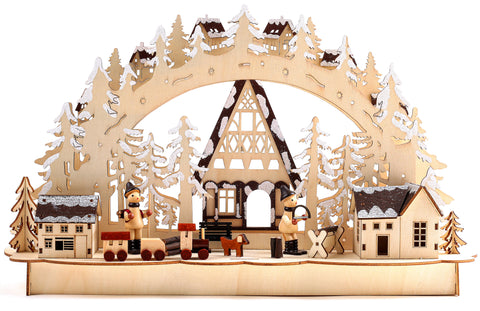 BRUBAKER 3D LED Candle Arch - Winter Landscape with Woodworkers - LED Lighting - Natural Wood - 17.1 x 10.6 x 4 Inches - Hand Painted