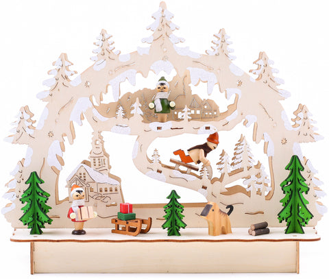 BRUBAKER 3D LED Candle Arch - Winter Landscape with Church - LED Lighting - Natural Wood - 10.6 x 9.5 x 3.4 Inches - Hand Painted