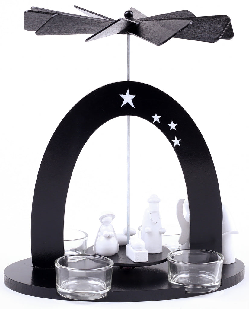 BRUBAKER Wooden Christmas Pyramid 8.7 Inches - Nativity - Tea Light Pyramid with 4 Glass Tea Light Holders - Black & White - Hand Painted Figures