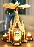 BRUBAKER Wooden Christmas Pyramid 11.4 Inches - Nativity - 2 Tier Carousel - Tea Light Pyramid with 4 Golden Metal Tea Light Holders - Natural Wood - Carved Figures