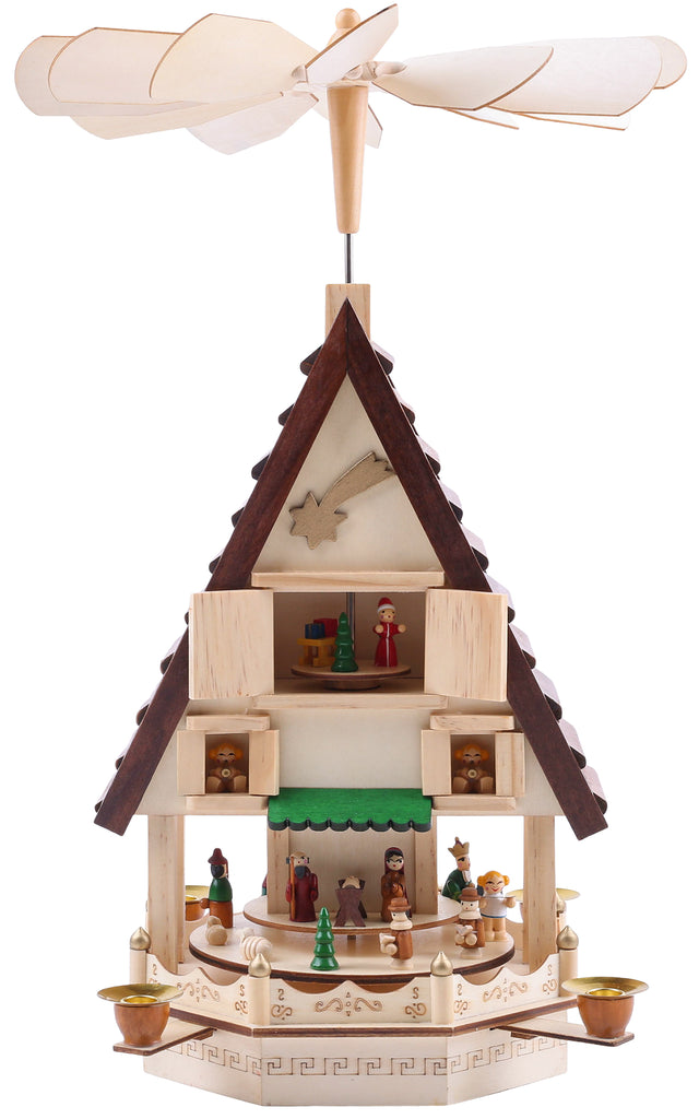 BRUBAKER Wooden Christmas Pyramid 19.3 Inches - Nativity Play - 4 Tier Carousel with 4 Golden Metal Candle Holders - Natural Wood - Hand Painted Figures