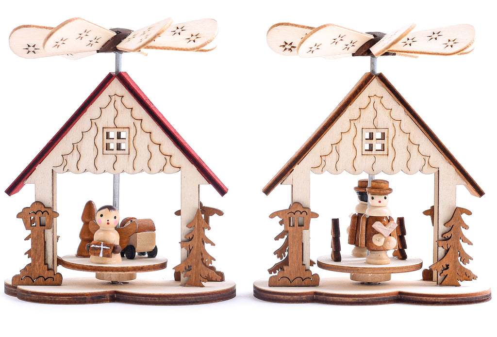 BRUBAKER Set of 2 Wooden Christmas Pyramids 1-Tier Carousel - 2 Motifs: Angel and Carol Singers - Wooden Crib Pyramids - Each 3.5 x 4.1 Inches