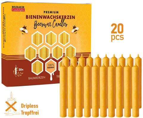 BRUBAKER 100% Pure Beeswax Christmas Tree Candles for Pyramids & Chimes - Honey colour - Pack of 20 in a Gift Box