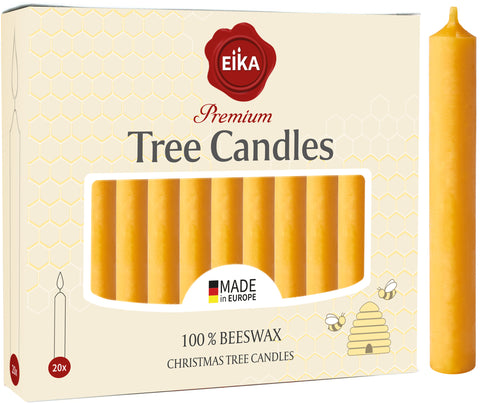 Eika Premium 100% Beeswax Tree Candles - Pack of 20 Honey Colored Natural Christmas Wax Candles for Pyramids, Carousels & Chimes - Made in Europe