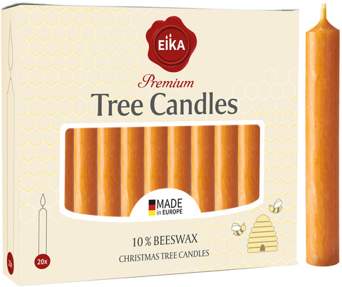 Eika Premium 10% Beeswax Tree Candles - Pack of 20 Honey Colored Natural Christmas Wax Candles for Pyramids, Carousels & Chimes - Made in Europe
