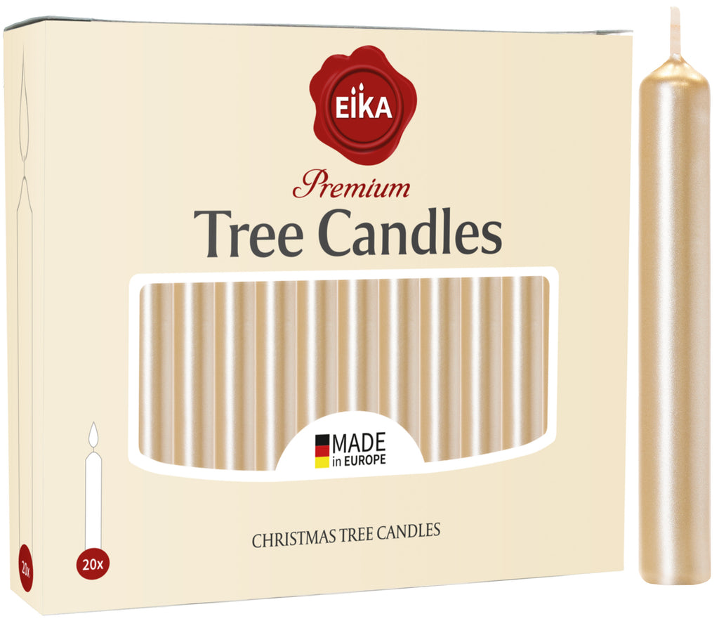 Eika Premium Christmas Tree Candles - Set of 20 Traditional Christmas Wax Candles for Pyramids, Carousels & Chimes - Made in Europe - Pale Gold Metallic