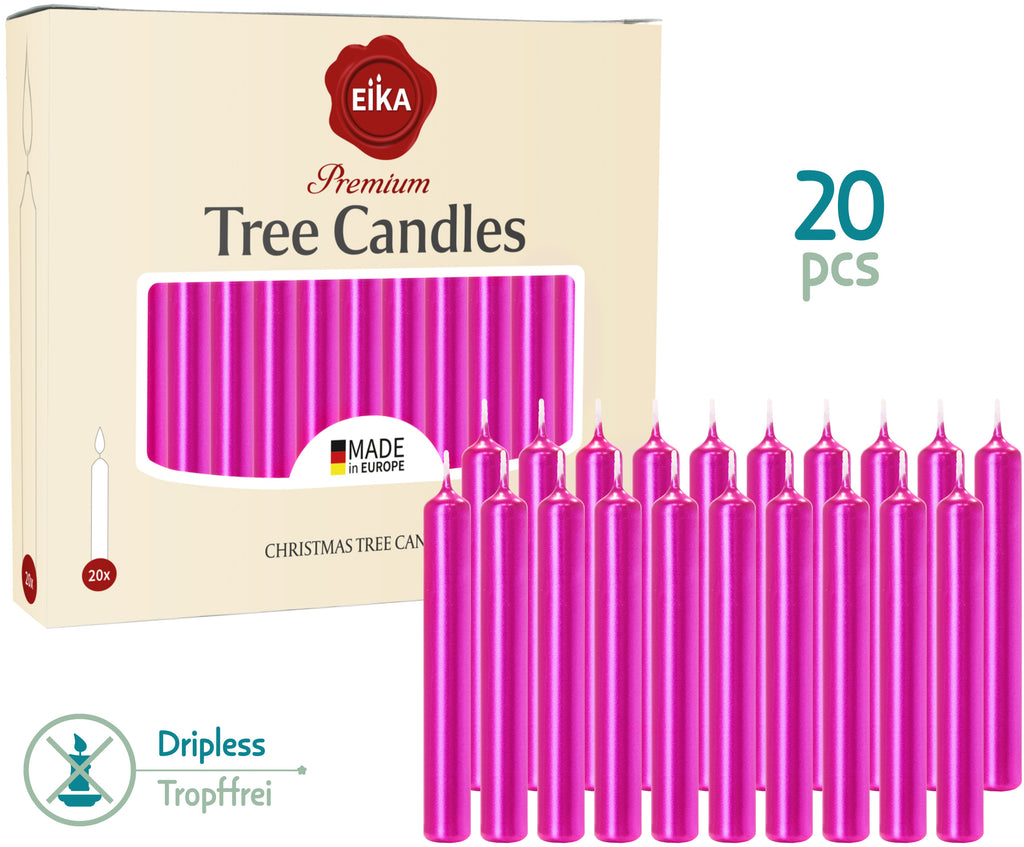 Eika Premium Christmas Tree Candles - Set of 20 Traditional Christmas Wax Candles for Pyramids, Carousels & Chimes - Made in Europe - Pink Metallic