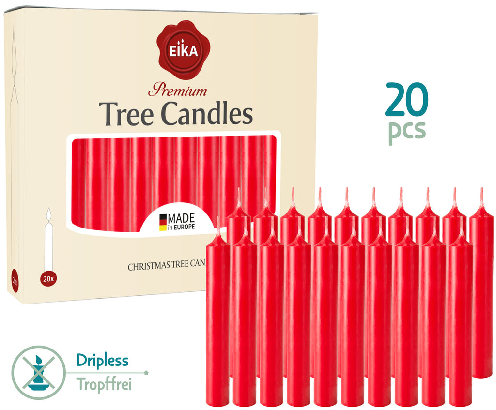 Eika Premium Christmas Tree Candles - Set of 20 Traditional Christmas Wax Candles for Pyramids, Carousels & Chimes - Made in Europe - Solid Colored - Red