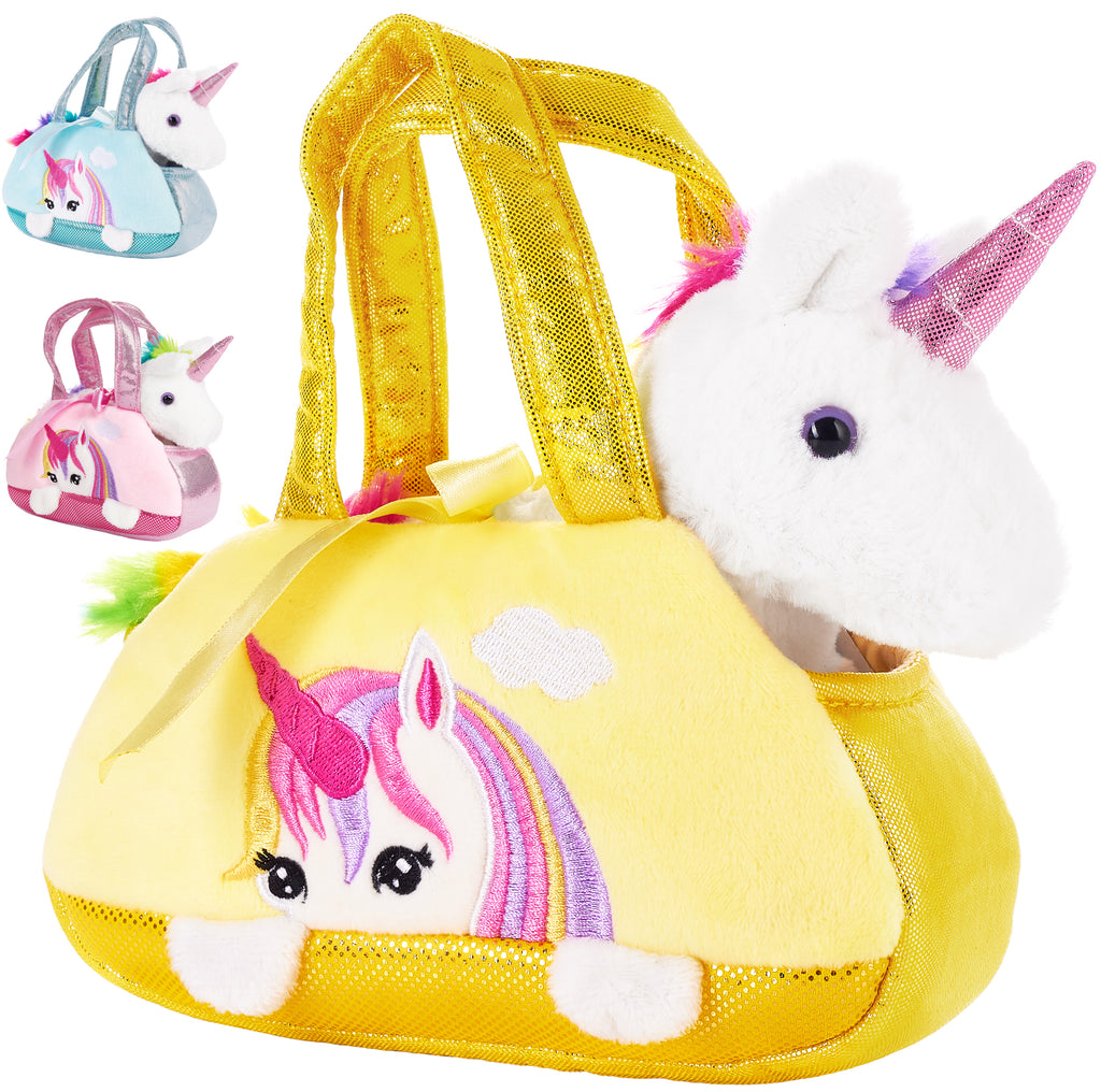 BRUBAKER Rainbow Plush Unicorn in Handbag - 8 Inches - Soft Toy in Bag - Cuddly Toy - Stuffed Animal - Pink