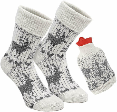 1 Pair of Norwegian Knit Socks with Hot Water Bottle - Gray White - One Size
